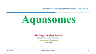 6/7/2016 SAGAR KISHOR SAVALE 1
Aquasomes
Mr. Sagar Kishor Savale
[Department of Pharmaceutics]
avengersagar16@gmail.com
2015-2016
Department of Pharmacy (Pharmaceutics) | Sagar Savale
 