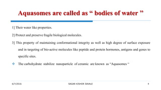 6/7/2016 SAGAR KISHOR SAVALE 4
Aquasomes are called as “ bodies of water ’’
1] Their water like properties.
2] Protect and preserve fragile biological molecules.
3] This property of maintaining conformational integrity as well as high degree of surface exposure
and in targeting of bio-active molecules like peptide and protein hormones, antigens and genes to
specific sites.
 The carbohydrate stabilize nanoparticle of ceramic are known as “Aquasomes “
 