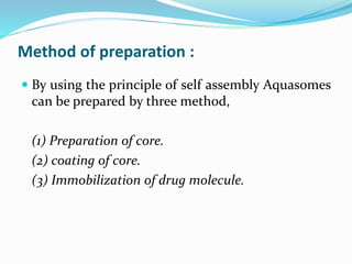 Method of preparation :
 By using the principle of self assembly Aquasomes
can be prepared by three method,
(1) Preparation of core.
(2) coating of core.
(3) Immobilization of drug molecule.
 