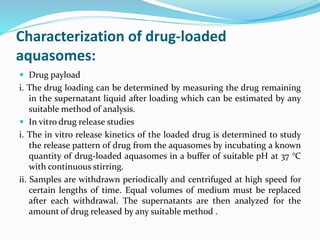 Characterization of drug-loaded
aquasomes:
 Drug payload
i. The drug loading can be determined by measuring the drug remaining
in the supernatant liquid after loading which can be estimated by any
suitable method of analysis.
 In vitro drug release studies
i. The in vitro release kinetics of the loaded drug is determined to study
the release pattern of drug from the aquasomes by incubating a known
quantity of drug-loaded aquasomes in a buffer of suitable pH at 37 °C
with continuous stirring.
ii. Samples are withdrawn periodically and centrifuged at high speed for
certain lengths of time. Equal volumes of medium must be replaced
after each withdrawal. The supernatants are then analyzed for the
amount of drug released by any suitable method .
 