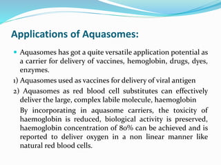 Applications of Aquasomes:
 Aquasomes has got a quite versatile application potential as
a carrier for delivery of vaccines, hemoglobin, drugs, dyes,
enzymes.
1) Aquasomes used as vaccines for delivery of viral antigen
2) Aquasomes as red blood cell substitutes can effectively
deliver the large, complex labile molecule, haemoglobin
By incorporating in aquasome carriers, the toxicity of
haemoglobin is reduced, biological activity is preserved,
haemoglobin concentration of 80% can be achieved and is
reported to deliver oxygen in a non linear manner like
natural red blood cells.
 
