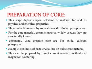 PREPARATION OF CORE:
 This stage depends upon selection of material for and its
physical and chemical properties.
 This can be fabricated by sonication and collodial precipitation.
 For the core material, creamic material widely used,as they are
structurally known.
 commonly used creamic core are Tin oxide, calicum
phosphate.
 example: synthesis of nano crystalline tin oxide core material.
 This can be prepared by direct current reactive method and
magnetron souttering.
 