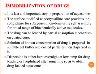 IMMOBILIZATION OF DRUGS
 It is last and important step in preparation of aquasomes.
 The surface modified nanocrystalline core provides the
solid phase for subsequent non-denaturing self assembly
for broad range of biochemically active molecules.
 The drug can be loaded by partial adsorption mechanism
on coated core.
 Solution of known concentration of drug is prepared in
suitable pH buffer and coated particles then dispersed in
it.
 Dispersion is either kept overnight at low temp for drug
loading or lyophilized after sometime so as to obtain
drug loaded aquasome 16
 