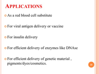 APPLICATIONS
 As a red blood cell substitute
 For viral antigen delivery or vaccine
 For insulin delivery
 For efficient delivery of enzymes like DNAse
 For efficient delivery of genetic material ,
pigments/dyes/cosmetics. 22
 