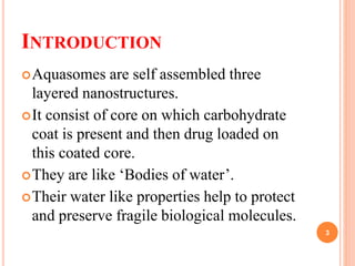 INTRODUCTION
Aquasomes are self assembled three
layered nanostructures.
It consist of core on which carbohydrate
coat is present and then drug loaded on
this coated core.
They are like ‘Bodies of water’.
Their water like properties help to protect
and preserve fragile biological molecules.
3
 
