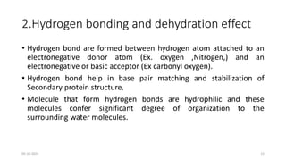 2.Hydrogen bonding and dehydration effect
• Hydrogen bond are formed between hydrogen atom attached to an
electronegative donor atom (Ex. oxygen ,Nitrogen,) and an
electronegative or basic acceptor (Ex carbonyl oxygen).
• Hydrogen bond help in base pair matching and stabilization of
Secondary protein structure.
• Molecule that form hydrogen bonds are hydrophilic and these
molecules confer significant degree of organization to the
surrounding water molecules.
05-10-2023 12
 