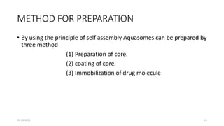 METHOD FOR PREPARATION
• By using the principle of self assembly Aquasomes can be prepared by
three method
(1) Preparation of core.
(2) coating of core.
(3) Immobilization of drug molecule
05-10-2023 14
 