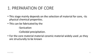 1. PREPARATION OF CORE
• This stage mainly depends on the selection of material for core, -its
physical chemical properties.
• This can be fabricated by the
-Sonication
-Colloidal precipitation.
• For the core material material ceramic material widely used ,as they
are structurally to be known
05-10-2023 15
 