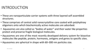 INTRODUCTION
• These are nanoparticulate carrier systems with three layered self assembled
structures.
• These comprises of central solid nanocrystalline core coated with polyhydroxy
oligomers onto which biochemically active molecules are adsorbed.
• Aquasomes are also called as “bodies of water” and their water like properties
protect and preserve fragile biological molecules.
• Aquasomes are one of the most recently developed delivery system for bioactive
molecules like peptide, protein, hormones, antigens and genes to specific sites.
• Aquasomes are spherical in shape with 60–300 nm particles size.
05-10-2023 3
 