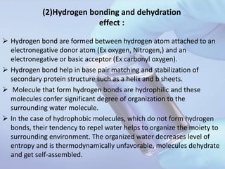 (2)Hydrogen bonding and dehydration
effect :
 Hydrogen bond are formed between hydrogen atom attached to an
electronegative donor atom (Ex oxygen, Nitrogen,) and an
electronegative or basic acceptor (Ex carbonyl oxygen).
 Hydrogen bond help in base pair matching and stabilization of
secondary protein structure such as a helix and b sheets.
 Molecule that form hydrogen bonds are hydrophilic and these
molecules confer significant degree of organization to the
surrounding water molecule.
 In the case of hydrophobic molecules, which do not form hydrogen
bonds, their tendency to repel water helps to organize the moiety to
surrounding environment. The organized water decreases level of
entropy and is thermodynamically unfavorable, molecules dehydrate
and get self-assembled.
 