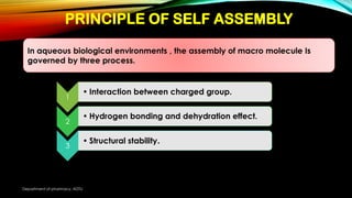 PRINCIPLE OF SELF ASSEMBLY
1
• Interaction between charged group.
2
• Hydrogen bonding and dehydration effect.
3
• Structural stability.
In aqueous biological environments , the assembly of macro molecule Is
governed by three process.
Department of pharmacy, ADTU
 