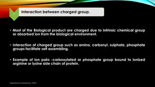 • Most of the Biological product are charged due to intrinsic chemical group
or absorbed ion from the biological environment.
• Interaction of charged group such as amino, carbonyl, sulphate, phosphate
groups facilitate self assembling.
• Example of ion pairs -carboxylated or phosphate group bound to ionized
arginine or lysine side chain of protein.
Interaction between charged group.
1
Department of pharmacy, ADTU
 