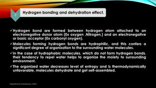 Hydrogen bond are formed between hydrogen atom attached to an
electronegative donor atom (Ex oxygen ,Nitrogen,) and an electronegative
or basic acceptor (Ex carbonyl oxygen).
Molecules forming hydrogen bonds are hydrophilic, and this confers a
significant degree of organization to the surrounding water molecules.
In the case of hydrophobic molecules, which do not form hydrogen bonds,
their tendency to repel water helps to organize the moiety to surrounding
environment.
The organized water decreases level of entropy and is thermodynamically
unfavorable, molecules dehydrate and get self-assembled.
2
Hydrogen bonding and dehydration effect.
Department of pharmacy, ADTU
 
