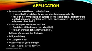 APPLICATION
• Aquasomes as red blood cell substitute.
 It can effectively deliver large, complex liable molecule-Hb.
 Hb, can be immobilized at surface of the degradable, carbohydrate
coated diamond particles and than encapsulated in a standard
mixture of phospholipid.
• For viral antigen delivery or vaccine.
 For deliver of the Epstein-Barr virus(EBV).
 Human immune deficiency virus (HIV).
• Delivery of enzymes like DNAase.
• Antigen delivery.
• As oxygen carrier.
• Aquasomes for gene therapy.
• Aquasomes for insulin delivery.
Department of pharmacy, ADTU
 