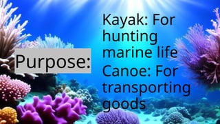 Purpose:
Kayak: For
hunting
marine life
Canoe: For
transporting
goods
 