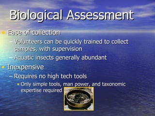 Biological Assessment Ease of collection Volunteers can be quickly trained to collect samples, with supervision Aquatic insects generally abundant  Inexpensive  Requires no high tech tools Only simple tools, man power, and taxonomic expertise required 