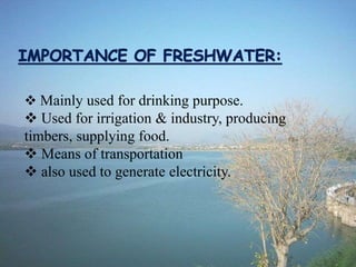  Mainly used for drinking purpose.
 Used for irrigation & industry, producing
timbers, supplying food.
 Means of transportation
 also used to generate electricity.
 