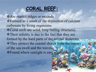 Are marine ridges or mounds
Formed as a result of the deposition of calcium
carbonate by living organisms
Coral reefs are solid, long-lasting structures.
Their solidity is due to the fact that they are
formed by the hard parts of the animal skeletons.
They protect the coastal shores from the impact
of the sea swell and the waves
Found where sunlight is easy reachable.
 