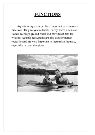 FUNCTIONS
Aquatic ecosystems perform important environmental
functions. They recycle nutrients, purify water, attenuate
floods, recharge ground water and providehabitats for
wildlife. Aquatic ecosystems are also usedfor human
recreationand are very important to thetourism industry,
especially in coastal regions.

 