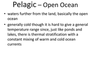 Pelagic – Open Ocean
• waters further from the land, basically the open
ocean
• generally cold though it is hard to give a general
temperature range since, just like ponds and
lakes, there is thermal stratification with a
constant mixing of warm and cold ocean
currents
 