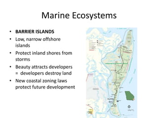 Marine Ecosystems
• BARRIER ISLANDS
• Low, narrow offshore
islands
• Protect inland shores from
storms
• Beauty attracts developers
= developers destroy land
• New coastal zoning laws
protect future development
 