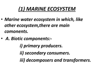 (1) MARINE ECOSYSTEM
• Marine water ecosystem in which, like
other ecosystem,there are main
comonents.
• A. Biotic components:-
i) primary producers.
ii) secondary consumers.
iii) decomposers and transformers.
 