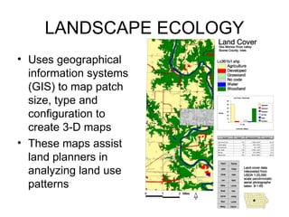 LANDSCAPE ECOLOGY
• Uses geographical
  information systems
  (GIS) to map patch
  size, type and
  configuration to
  create 3-D maps
• These maps assist
  land planners in
  analyzing land use
  patterns
 