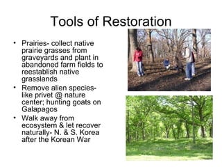 Tools of Restoration
• Prairies- collect native
  prairie grasses from
  graveyards and plant in
  abandoned farm fields to
  reestablish native
  grasslands
• Remove alien species-
  like privet @ nature
  center; hunting goats on
  Galapagos
• Walk away from
  ecosystem & let recover
  naturally- N. & S. Korea
  after the Korean War
 