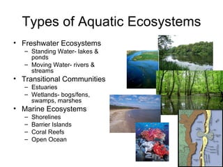 Types of Aquatic Ecosystems
• Freshwater Ecosystems
   – Standing Water- lakes &
     ponds
   – Moving Water- rivers &
     streams
• Transitional Communities
   – Estuaries
   – Wetlands- bogs/fens,
     swamps, marshes
• Marine Ecosystems
   –   Shorelines
   –   Barrier Islands
   –   Coral Reefs
   –   Open Ocean
 