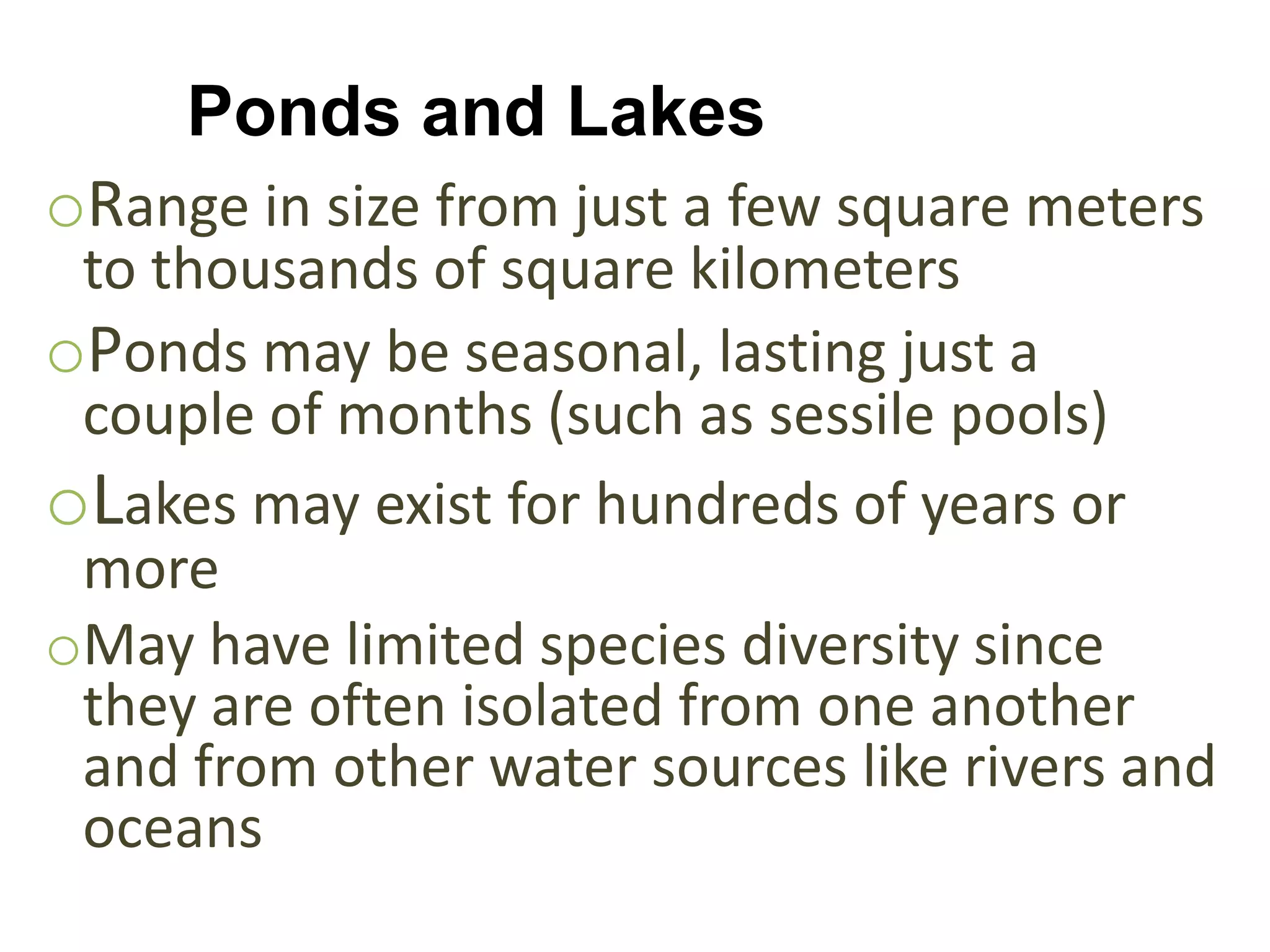Ponds and Lakes
oRange in size from just a few square meters
 to thousands of square kilometers
oPonds may be seasonal, lasting just a
 couple of months (such as sessile pools)
oLakes may exist for hundreds of years or
 more
oMay have limited species diversity since
 they are often isolated from one another
 and from other water sources like rivers and
 oceans
 