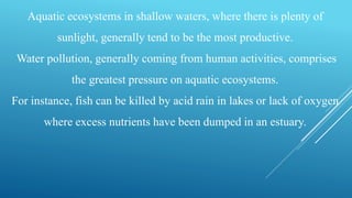 Aquatic ecosystems in shallow waters, where there is plenty of
sunlight, generally tend to be the most productive.
Water pollution, generally coming from human activities, comprises
the greatest pressure on aquatic ecosystems.
For instance, fish can be killed by acid rain in lakes or lack of oxygen
where excess nutrients have been dumped in an estuary.
 