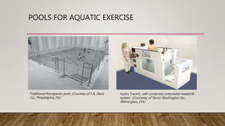 POOLS FOR AQUATIC EXERCISE
Traditional therapeutic pool. (Courtesy of F.A. Davis
Co., Philadelphia, PA.)
Hydro Track©, self-contained underwater treadmill
system. (Courtesey of Ferno-Washington Inc.,
Wilmington, OH.)
 