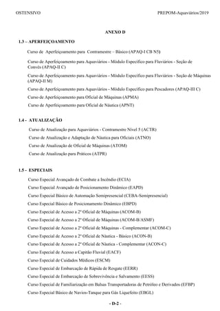 OSTENSIVO PREPOM-Aquaviários/2019
ANEXO D
1.3 – APERFEIÇOAMENTO
Curso de Aperfeiçoamento para Contramestre – Básico (APAQ-I CB N5)
Curso de Aperfeiçoamento para Aquaviários - Módulo Específico para Fluviários - Seção de
Convés (APAQ-II C)
Curso de Aperfeiçoamento para Aquaviários - Módulo Específico para Fluviários - Seção de Máquinas
(APAQ-II M)
Curso de Aperfeiçoamento para Aquaviários - Módulo Específico para Pescadores (APAQ-III C)
Curso de Aperfeiçoamento para Oficial de Máquinas (APMA)
Curso de Aperfeiçoamento para Oficial de Náutica (APNT)
1.4 - ATUALIZAÇÃO
Curso de Atualização para Aquaviários - Contramestre Nível 5 (ACTR)
Curso de Atualização e Adaptação de Náutica para Oficiais (ATNO)
Curso de Atualização de Oficial de Máquinas (ATOM)
Curso de Atualização para Práticos (ATPR)
1.5 - ESPECIAIS
Curso Especial Avançado de Combate a Incêndio (ECIA)
Curso Especial Avançado de Posicionamento Dinâmico (EAPD)
Curso Especial Básico de Automação Semipresencial (CEBA-Semipresencial)
Curso Especial Básico de Posicionamento Dinâmico (EBPD)
Curso Especial de Acesso a 2º Oficial de Máquinas (ACOM-B)
Curso Especial de Acesso a 2º Oficial de Máquinas (ACOM-B/ASMF)
Curso Especial de Acesso a 2º Oficial de Máquinas - Complementar (ACOM-C)
Curso Especial de Acesso a 2º Oficial de Náutica - Básico (ACON-B)
Curso Especial de Acesso a 2º Oficial de Náutica - Complementar (ACON-C)
Curso Especial de Acesso a Capitão Fluvial (EACF)
Curso Especial de Cuidados Médicos (ESCM)
Curso Especial de Embarcação de Rápida de Resgate (EERR)
Curso Especial de Embarcação de Sobrevivência e Salvamento (EESS)
Curso Especial de Familiarização em Balsas Transportadoras de Petróleo e Derivados (EFBP)
Curso Especial Básico de Navios-Tanque para Gás Liquefeito (EBGL)
- D-2 -
 