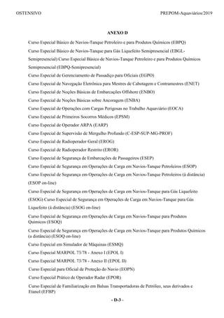 OSTENSIVO PREPOM-Aquaviários/2019
ANEXO D
Curso Especial Básico de Navios-Tanque Petroleiro e para Produtos Químicos (EBPQ)
Curso Especial Básico de Navios-Tanque para Gás Liquefeito Semipresencial (EBGL-
Semipresencial) Curso Especial Básico de Navios-Tanque Petroleiro e para Produtos Químicos
Semipresencial (EBPQ-Semipresencial)
Curso Especial de Gerenciamento de Passadiço para Oficiais (EGPO)
Curso Especial de Navegação Eletrônica para Mestres de Cabotagem e Contramestres (ENET)
Curso Especial de Noções Básicas de Embarcações Offshore (ENBO)
Curso Especial de Noções Básicas sobre Ancoragem (ENBA)
Curso Especial de Operações com Cargas Perigosas no Trabalho Aquaviário (EOCA)
Curso Especial de Primeiros Socorros Médicos (EPSM)
Curso Especial de Operador ARPA (EARP)
Curso Especial de Supervisão de Mergulho Profundo (C-ESP-SUP-MG-PROF)
Curso Especial de Radioperador Geral (EROG)
Curso Especial de Radioperador Restrito (EROR)
Curso Especial de Segurança de Embarcações de Passageiros (ESEP)
Curso Especial de Segurança em Operações de Carga em Navios-Tanque Petroleiros (ESOP)
Curso Especial de Segurança em Operações de Carga em Navios-Tanque Petroleiros (à distância)
(ESOP on-line)
Curso Especial de Segurança em Operações de Carga em Navios-Tanque para Gás Liquefeito
(ESOG) Curso Especial de Segurança em Operações de Carga em Navios-Tanque para Gás
Liquefeito (à distância) (ESOG on-line)
Curso Especial de Segurança em Operações de Carga em Navios-Tanque para Produtos
Químicos (ESOQ)
Curso Especial de Segurança em Operações de Carga em Navios-Tanque para Produtos Químicos
(a distância) (ESOQ on-line)
Curso Especial em Simulador de Máquinas (ESMQ)
Curso Especial MARPOL 73/78 - Anexo I (EPOL I)
Curso Especial MARPOL 73/78 - Anexo II (EPOL II)
Curso Especial para Oficial de Proteção do Navio (EOPN)
Curso Especial Prático de Operador Radar (EPOR)
Curso Especial de Familiarização em Balsas Transportadoras de Petróleo, seus derivados e
Etanol (EFBP)
- D-3 -
 