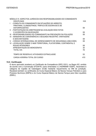 OSTENSIVO PREPOM-Aquaviários/2019
MÓDULO III -ASPECTOS JURÍDICOS DAS RESPONSABILIDADES DO COMANDANTE
        DISCIPLINAS    H/A
I    - CONDUTA DO COMANDANTE EM SITUAÇÕES DE ARRESTO,
        PIRATARIA, CLANDESTINOS, TRÁFICO DE ESCRAVOS E DE 
        ENTORPECENTES 08
II   - PARTICIPAÇÃO DA ARBITRAGEM NA AVALIAÇÃO DOS FATOS
        E ACIDENTES DA NAVEGAÇÃO 08
III  - RESPONSABILIDADES DO COMANDANTE NA PREVENÇÃO DA POLUIÇÃO 08
IV  - BANDEIRA DE CONVENIÊNCIA E SEGUNDO REGISTRO, VANTAGENS
       E DESVANTAGENS 08
V   - CÓDIGO INTERNACIONAL DE GERENCIAMENTO DE SEGURANÇA (ISM-CODE) 08
VI  - LEGISLAÇÃO SOBRE O MAR TERRITORIAL, PLATAFORMA, CONTINENTAL E 
       ÁGUAS INTERIORES 08
       APRESENTAÇÃO DA MONOGRAFIA 30
        TOTAL H/A 78
  
        TEMPO DE RESERVA E ATIVIDADES EXTRACLASSE 52
        CARGA HORÁRIA TOTAL DO CURSO 470
15.9 - Certificação
O aluno aprovado receberá um Certificado de Competência (DPC-1031), na Regra II/2, emitido
de acordo com a Convenção STCW/78, como emendada e a NORMAM-13/DPC. Ascenderá à
categoria  de  Capitão  de  Cabotagem  (CCB)  mediante  requerimento  na  OM  de  jurisdição.
Receberá também os certificados do Curso Especial Básico de Navios-Tanque Petroleiro e para
Produtos Químicos (EBPQ) e do Curso Especial Básico de Navios-Tanque para Gás Liquefeito
(EBGL).
- 35 -
 