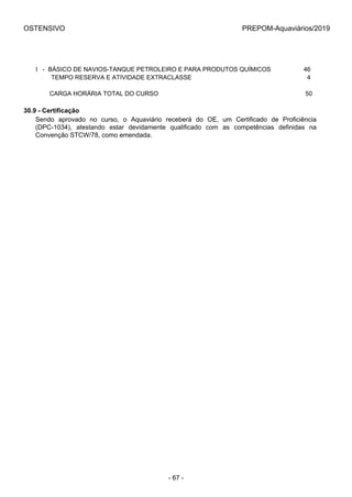 OSTENSIVO PREPOM-Aquaviários/2019
I   -  BÁSICO DE NAVIOS-TANQUE PETROLEIRO E PARA PRODUTOS QUÍMICOS 46
         TEMPO RESERVA E ATIVIDADE EXTRACLASSE   4
 
        CARGA HORÁRIA TOTAL DO CURSO   50
30.9 - Certificação
Sendo  aprovado  no  curso,  o  Aquaviário  receberá  do  OE,  um  Certificado  de  Proficiência
(DPC-1034),  atestando  estar  devidamente  qualificado  com  as  competências  definidas  na
Convenção STCW/78, como emendada.
- 67 -
 