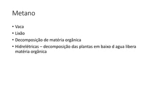 Metano
• Vaca
• Lixão
• Decomposição de matéria orgânica
• Hidrelétricas – decomposição das plantas em baixo d agua libera
matéria orgânica
 