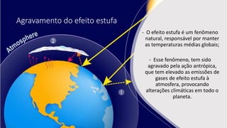 Agravamento do efeito estufa
- O efeito estufa é um fenômeno
natural, responsável por manter
as temperaturas médias globais;
- Esse fenômeno, tem sido
agravado pela ação antrópica,
que tem elevado as emissões de
gases de efeito estufa à
atmosfera, provocando
alterações climáticas em todo o
planeta.
 