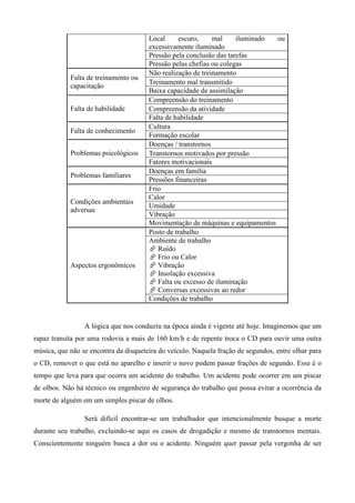Local     escuro,     mal     iluminado ou
                                       excessivamente iluminado
                                       Pressão pela conclusão das tarefas
                                       Pressão pelas chefias ou colegas
                                       Não realização de treinamento
            Falta de treinamento ou
                                       Treinamento mal transmitido
            capacitação
                                       Baixa capacidade de assimilação
                                       Compreensão do treinamento
            Falta de habilidade        Compreensão da atividade
                                       Falta de habilidade
                                       Cultura
            Falta de conhecimento
                                       Formação escolar
                                       Doenças / transtornos
            Problemas psicológicos     Transtornos motivados por pressão
                                       Fatores motivacionais
                                       Doenças em família
            Problemas familiares
                                       Pressões financeiras
                                       Frio
                                       Calor
            Condições ambientais
                                       Umidade
            adversas
                                       Vibração
                                       Movimentação de máquinas e equipamentos
                                       Posto de trabalho
                                       Ambiente de trabalho
                                          Ruído
                                          Frio ou Calor
            Aspectos ergonômicos          Vibração
                                          Insolação excessiva
                                          Falta ou excesso de iluminação
                                          Conversas excessivas ao redor
                                       Condições de trabalho


                 A lógica que nos conduziu na época ainda é vigente até hoje. Imaginemos que um
rapaz transita por uma rodovia a mais de 160 km/h e de repente troca o CD para ouvir uma outra
música, que não se encontra da disqueteira do veículo. Naquela fração de segundos, entre olhar para
o CD, remover o que está no aparelho e inserir o novo podem passar frações de segundo. Esse é o
tempo que leva para que ocorra um acidente do trabalho. Um acidente pode ocorrer em um piscar
de olhos. Não há técnico ou engenheiro de segurança do trabalho que possa evitar a ocorrência da
morte de alguém em um simples piscar de olhos.

                 Será difícil encontrar-se um trabalhador que intencionalmente busque a morte
durante seu trabalho, excluindo-se aqui os casos de drogadição e mesmo de transtornos mentais.
Conscientemente ninguém busca a dor ou o acidente. Ninguém quer passar pela vergonha de ser
 