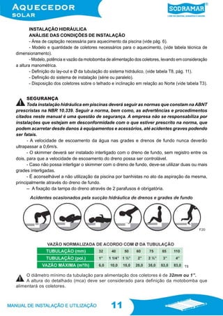 11
11
INSTALAÇÃO HIDRÁULICA
ANÁLISE DAS CONDIÇÕES DE INSTALAÇÃO
- Área de captação necessária para aquecimento da piscina (vide pág. 6).
- Modelo e quantidade de coletores necessários para o aquecimento, (vide tabela técnica de
dimensionamento).
- Modelo, potência e vazão da motobomba de alimentação dos coletores, levando em consideração
a altura manométrica.
- Definição do lay-out e Ø da tubulação do sistema hidráulico, (vide tabela T8, pág. 11).
- Definição do sistema de instalação (série ou paralelo).
- Disposição dos coletores sobre o telhado e inclinação em relação ao Norte (vide tabela T3).
O diâmetro mínimo da tubulação para alimentação dos coletores é de 32mm ou 1”.
A altura do detalhado (mca) deve ser considerado para definição da motobomba que
alimentará os coletores.
SEGURANÇA
Toda instalação hidráulica em piscinas deverá seguir as normas que constam na ABNT
prescristas na NBR 10.339. Seguir a norma, bem como, as advertências e procedimentos
citados neste manual é uma questão de segurança. A empresa não se responsabiliza por
instalações que estejam em desconformidade com o que estiver prescrito na norma, que
podem acarretar desde danos à equipamentos e acessórios, até acidentes graves podendo
ser fatais.
- A velocidade de escoamento da água nas grades e drenos de fundo nunca deverão
ultrapassar a 0,6m/s.
- O skimmer deverá ser instalado interligado com o dreno de fundo, sem registro entre os
dois, para que a velocidade de escoamento do dreno possa ser controlável.
- Caso não possa interligar o skimmer com o dreno de fundo, deve-se utilizar duas ou mais
grades interligadas.
- É aconselhável a não utilização da piscina por banhistas no ato da aspiração da mesma,
principalmente através do dreno de fundo.
-- A fixação da tampa do dreno através de 2 parafusos é obrigatória.
Acidentes ocasionados pela sucção hidráulica de drenos e grades de fundo
F20
T8
 