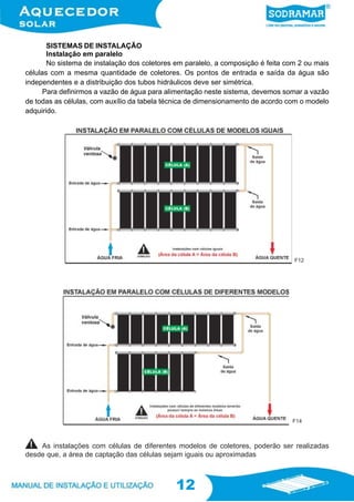 12
12
SISTEMAS DE INSTALAÇÃO
Instalação em paralelo
No sistema de instalação dos coletores em paralelo, a composição é feita com 2 ou mais
células com a mesma quantidade de coletores. Os pontos de entrada e saída da água são
independentes e a distribuição dos tubos hidráulicos deve ser simétrica.
Para definirmos a vazão de água para alimentação neste sistema, devemos somar a vazão
de todas as células, com auxílio da tabela técnica de dimensionamento de acordo com o modelo
adquirido.
As instalações com células de diferentes modelos de coletores, poderão ser realizadas
desde que, a área de captação das células sejam iguais ou aproximadas
F12
F14
 