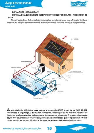 15
15
SISTEMA DE AQUECIMENTO INDEPENDENTE COLETOR SOLAR / TROCADOR DE
CALOR
Nesta instalação os Coletores Solar podem atuar simultaneamente com o Trocador de Calor,
onde o fluxo de água será com controle manual possuindo sucção e recalque independentes.
INSTALAÇÃO HIDRÁULICA (2)
A instalação hidráulica deve seguir a norma da ABNT prescrita na NBR 10.339.
Priorizando a segurança, a Sodramar aconselha a instalação de no mínimo 2 drenos de
fundo em qualquer piscina, independente do formato ou dimensão. O projeto e instalação
do produto devem ser executados por profissionais qualificados que compreendam e façam
cumprir todas as normas técnicas e de segurança no ato da instalação do produto.
F17
 