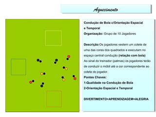 AAqquueecciimmeennttoo 
Condução de Bola c/Orientação Espacial 
e Temporal 
Organização: Grupo de 10 Jogadores 
Condução de Bola c/Orientação Espacial 
e Temporal 
Organização: Grupo de 10 Jogadores 
Descrição:Os jogadores vestem um colete de 
uma das cores dos quadrados e executam no 
espaço central condução (relação com bola) 
Ao sinal do treinador (palmas) os jogadores terão 
de conduzir o móbil até a cor correspondente ao 
colete do jogador. 
Pontes Chaves: 
1-Qualidade na Condução de Bola 
2-Orientação Espacial e Temporal 
Descrição:Os jogadores vestem um colete de 
uma das cores dos quadrados e executam no 
espaço central condução (relação com bola) 
Ao sinal do treinador (palmas) os jogadores terão 
de conduzir o móbil até a cor correspondente ao 
colete do jogador. 
Pontes Chaves: 
1-Qualidade na Condução de Bola 
2-Orientação Espacial e Temporal 
DIVERTIMENTO+APRENDIZAGEM=ALEGRIA 
DIVERTIMENTO+APRENDIZAGEM=ALEGRIA 
 