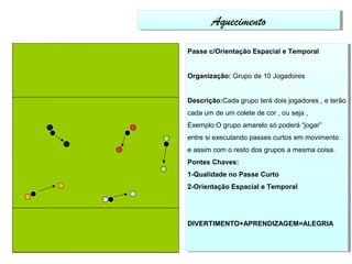 AAqquueecciimmeennttoo 
Passe c/Orientação Espacial e Temporal 
Passe c/Orientação Espacial e Temporal 
Organização: Grupo de 10 Jogadores 
Organização: Grupo de 10 Jogadores 
Descrição:Cada grupo terá dois jogadores , e terão 
cada um de um colete de cor , ou seja , 
Exemplo:O grupo amarelo só poderá “jogar” 
entre si executando passes curtos em movimento 
e assim com o resto dos grupos a mesma coisa. 
Pontes Chaves: 
1-Qualidade no Passe Curto 
2-Orientação Espacial e Temporal 
Descrição:Cada grupo terá dois jogadores , e terão 
cada um de um colete de cor , ou seja , 
Exemplo:O grupo amarelo só poderá “jogar” 
entre si executando passes curtos em movimento 
e assim com o resto dos grupos a mesma coisa. 
Pontes Chaves: 
1-Qualidade no Passe Curto 
2-Orientação Espacial e Temporal 
DIVERTIMENTO+APRENDIZAGEM=ALEGRIA 
DIVERTIMENTO+APRENDIZAGEM=ALEGRIA 
