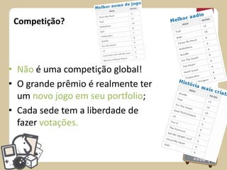 Competição?

• Não é uma competição global!
• O grande prêmio é realmente ter
um novo jogo em seu portfolio;
• Cada sede tem a liberdade de
fazer votações.

 