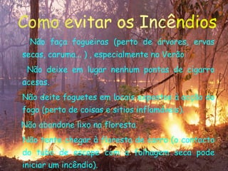 Como e vitar os   Incê ndios Não faça fogueiras (perto de árvores, ervas secas, caruma... ) , especialmente no Verão  Não deixe em lugar nenhum pontas de cigarro acesas. Não deite foguetes em locais expostos à acção do fogo (perto de coisas e sitios inflamáveis). Não abandone lixo na floresta. Não tente chegar à floresta de carro (o contacto do tubo de escape com a folhagem seca pode iniciar um incêndio).  
