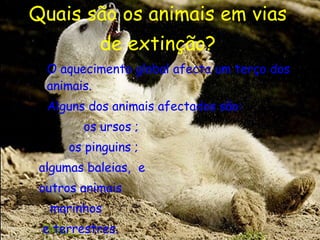 Quais são os animais em vias de extinção? O aquecimento global afecta um terço dos animais. Alguns dos animais afectados são: os ursos ; os pinguins ; algumas baleias,  e outros animais  marinhos e terrestres. 