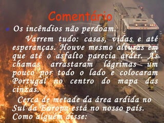 Comentário «  Os incêndios não perdoam.  Varrem tudo: casas, vidas e até esperanças. Houve mesmo alturas em que até o asfalto parecia arder. As chamas arrastaram lágrimas um pouco por todo o lado e colocaram Portugal no centro do mapa das cinzas.  Cerca de metade da área ardida no Sul da Europa está no nosso país. Como alguém disse:  - Isto era o demónio que aqui andava. » 