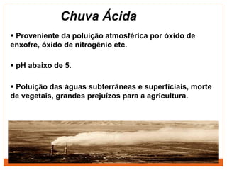 Chuva Ácida
 Proveniente da poluição atmosférica por óxido de
enxofre, óxido de nitrogênio etc.
 Poluição das águas subterrâneas e superficiais, morte
de vegetais, grandes prejuízos para a agricultura.
 pH abaixo de 5.
 