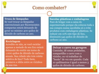 Como combater?
Troca de lâmpadas
Se você trocar as lâmpadas
convencionais por fluorescentes
compactas estará deixando de
gerar no mínimo 400 quilos de
dióxido de carbono ao ano.
Sacolas plásticas e embalagens
Pare de brigar com a caixa do
supermercado porque ela colocou toda a
sua compra numa sacolinha só e evite
produtos com embalagens plásticas. Se
reduzir em 10% este tipo de lixo,
diminuirá 545 quilos de dióxido de
carbono ao ano.
Deixar o carro na garagem
Caminhe, dê umas pedaladas,
compartilhe o carro com o
vizinho, ou vá trabalhar de
"busão" de vez em quando. Cada
10 quilômetros é igual a menos 3
quilos de dióxido de carbono.
Reciclagem
Acredite ou não, se você reciclar
apenas a metade do seu lixo estará
deixando de emitir em torno de
1.000 quilos de dióxido de carbono
anuais. Sua cidade não tem coleta
seletiva de lixo? Tudo bem,
promova a idéia entre os vizinhos
da sua rua.
 